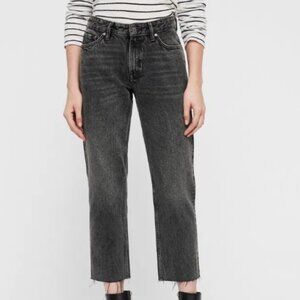 All Saints Ava Faded Black Straight Mid-Rise Denim Jeans with Distressed Hems